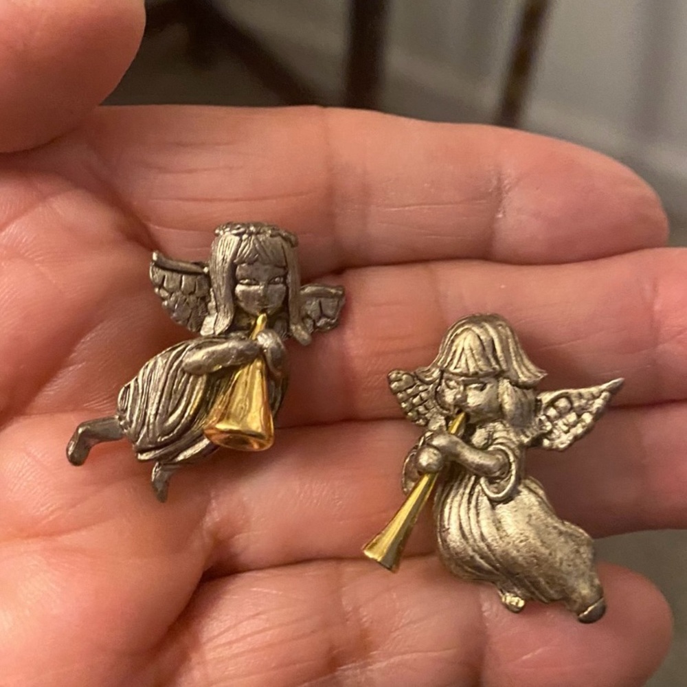 Vintage Pewter Guardian Angel Pins With Gold Tone Trumpet. Small and dainty.